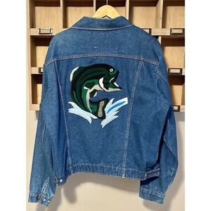 Vintage Saddle King Western Denim Jacket Mens 46L Walleye Fish Back Appliqué USA